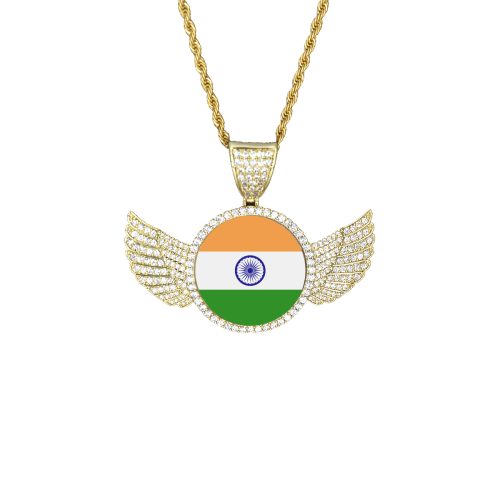 India Flag Wings Gold Photo Pendant with Rope Chain