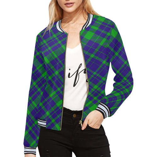Diagonal Green & Purple Plaid Modern Style All Over Print Bomber Jacket for Women (Model H21)