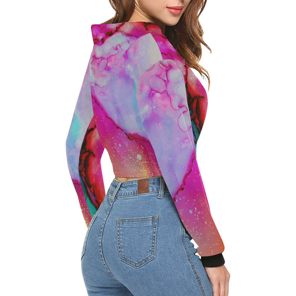 Red purple green ink All Over Print Crop Hoodie for Women (Model H22)