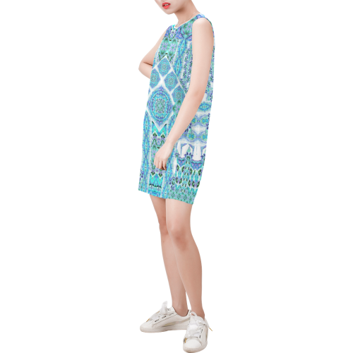 mandala spirit turquoise Sleeveless Round Neck Shift Dress (Model D51)