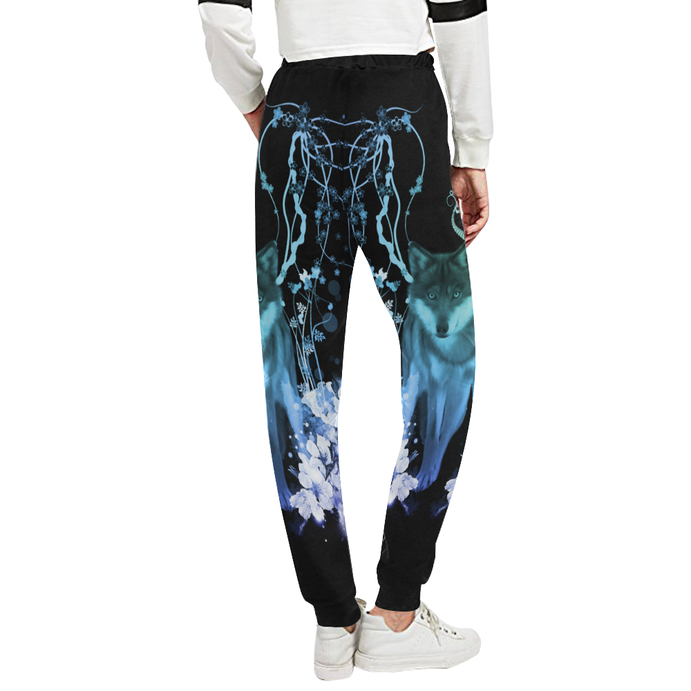 Awesome wolf with flowers Unisex All Over Print Sweatpants (Model L11)