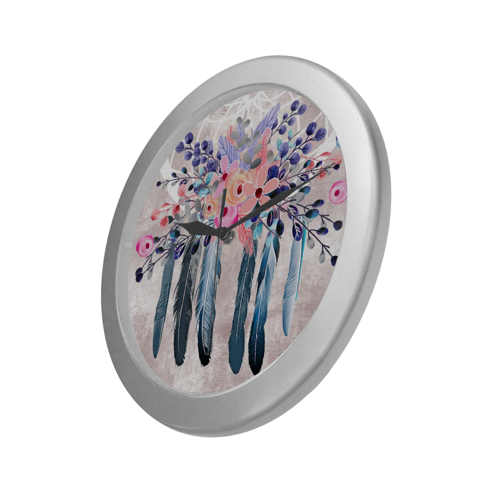 pink dreamcatcher floral Silver Color Wall Clock