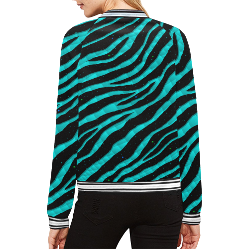 Ripped SpaceTime Stripes - Cyan All Over Print Bomber Jacket for Women (Model H21)
