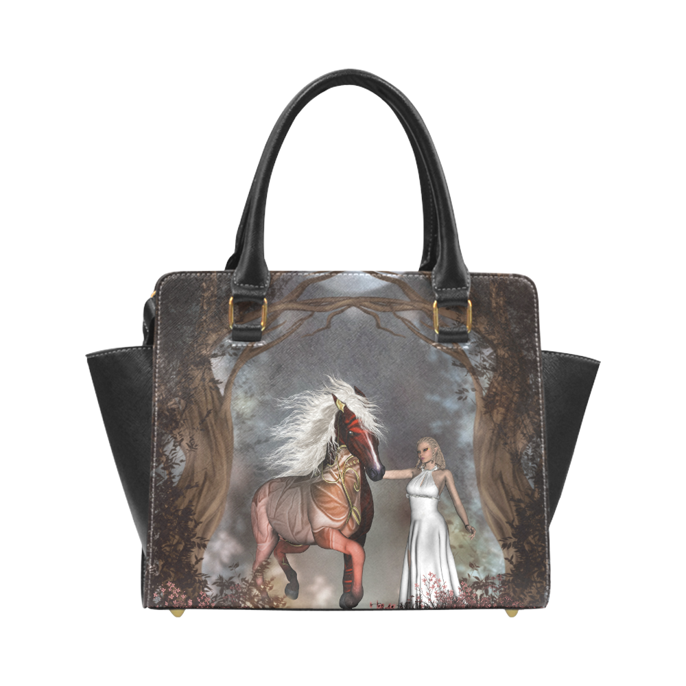 Fantasy horse with fairy Rivet Shoulder Handbag (Model 1645)