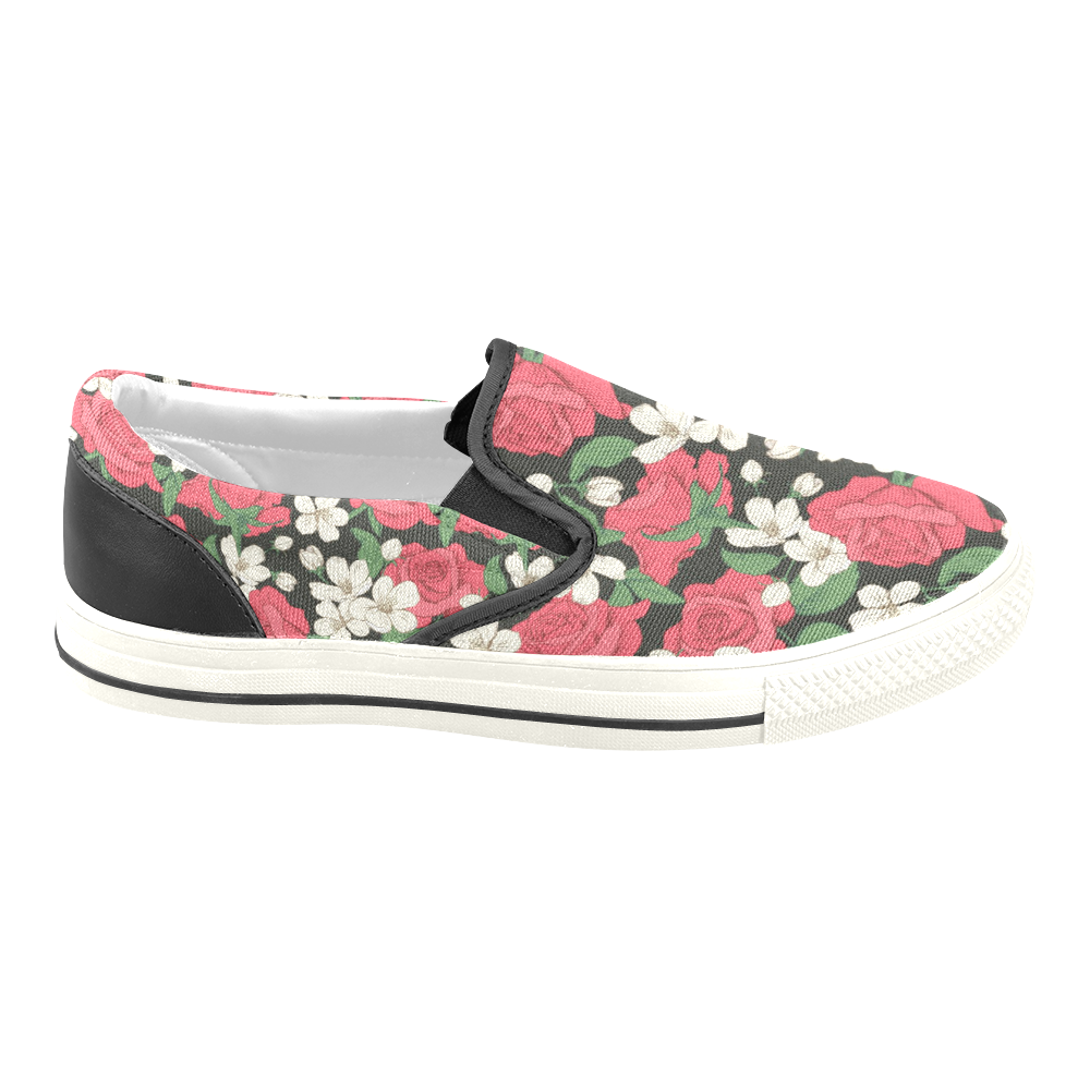 Pink, White and Black Floral Women's Unusual Slip-on Canvas Shoes (Model 019)