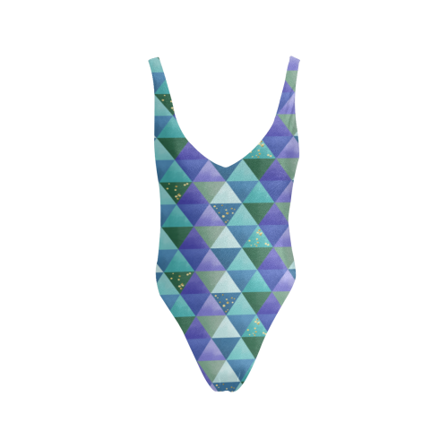 Triangle Pattern - Blue Violet Teal Green Sexy Low Back One-Piece Swimsuit (Model S09)