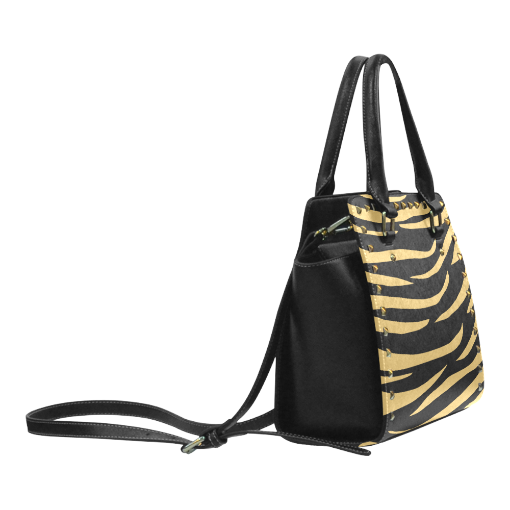 Tiger Stripes Black and Gold Rivet Shoulder Handbag (Model 1645)