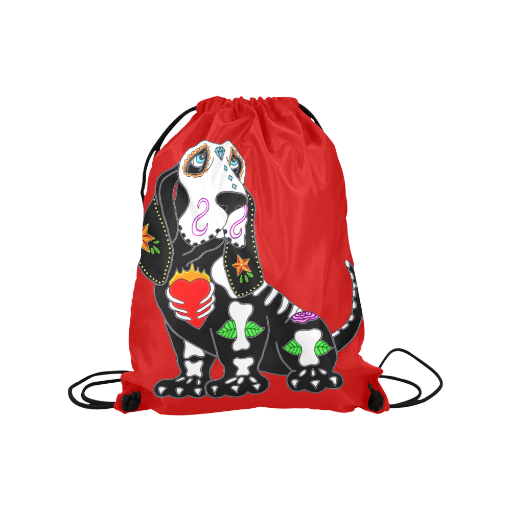 Basset Hound Sugar Skull Red Medium Drawstring Bag Model 1604 (Twin Sides) 13.8"(W) * 18.1"(H)