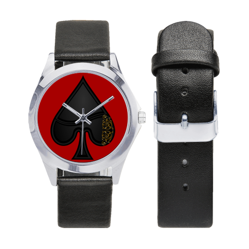 Spade Las Vegas Symbol Playing Card Shape (Red) Unisex Silver-Tone Round Leather Watch (Model 216)