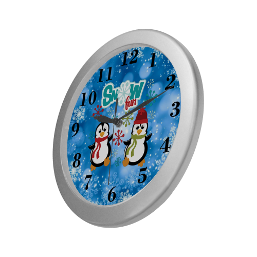Snow Fun Penguins Silver Color Wall Clock