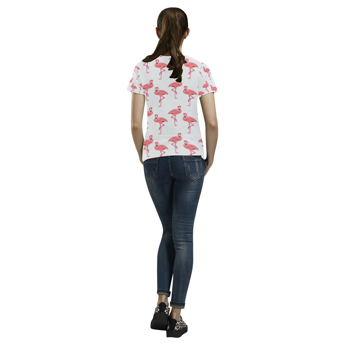 Pretty Pink Flamingo Pattern Casual Tropical Style All Over Print T-Shirt for Women (USA Size) (Model T40)