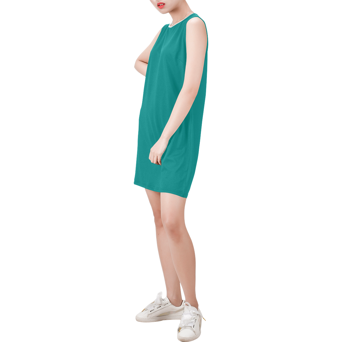 color dark cyan Sleeveless Round Neck Shift Dress (Model D51)