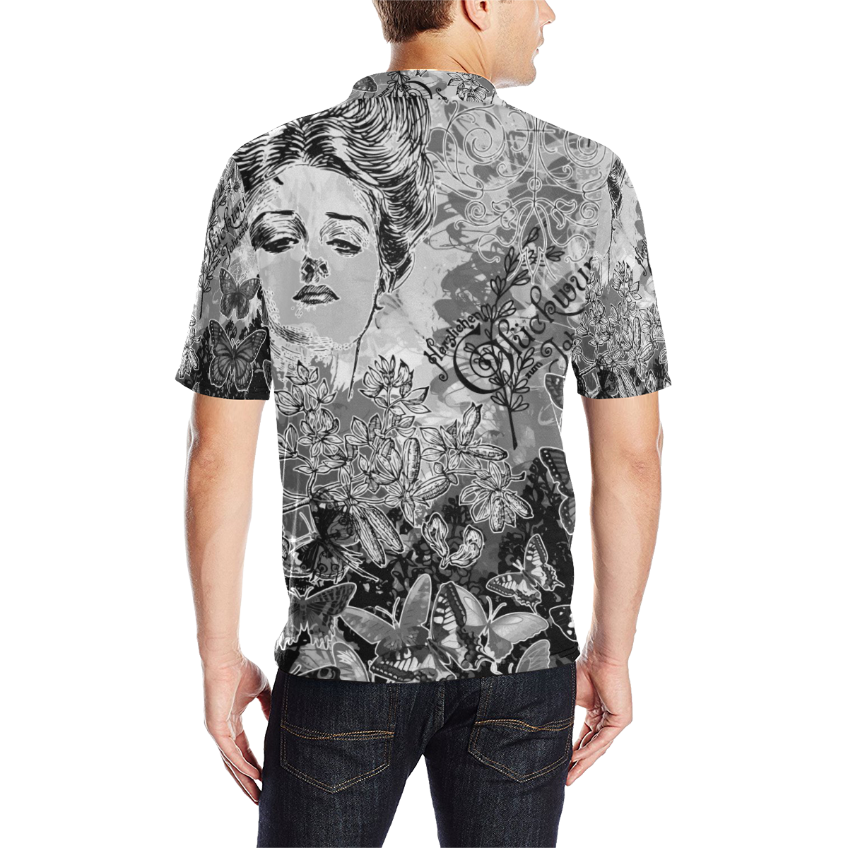 Lady and butterflies Men's All Over Print Polo Shirt (Model T55)