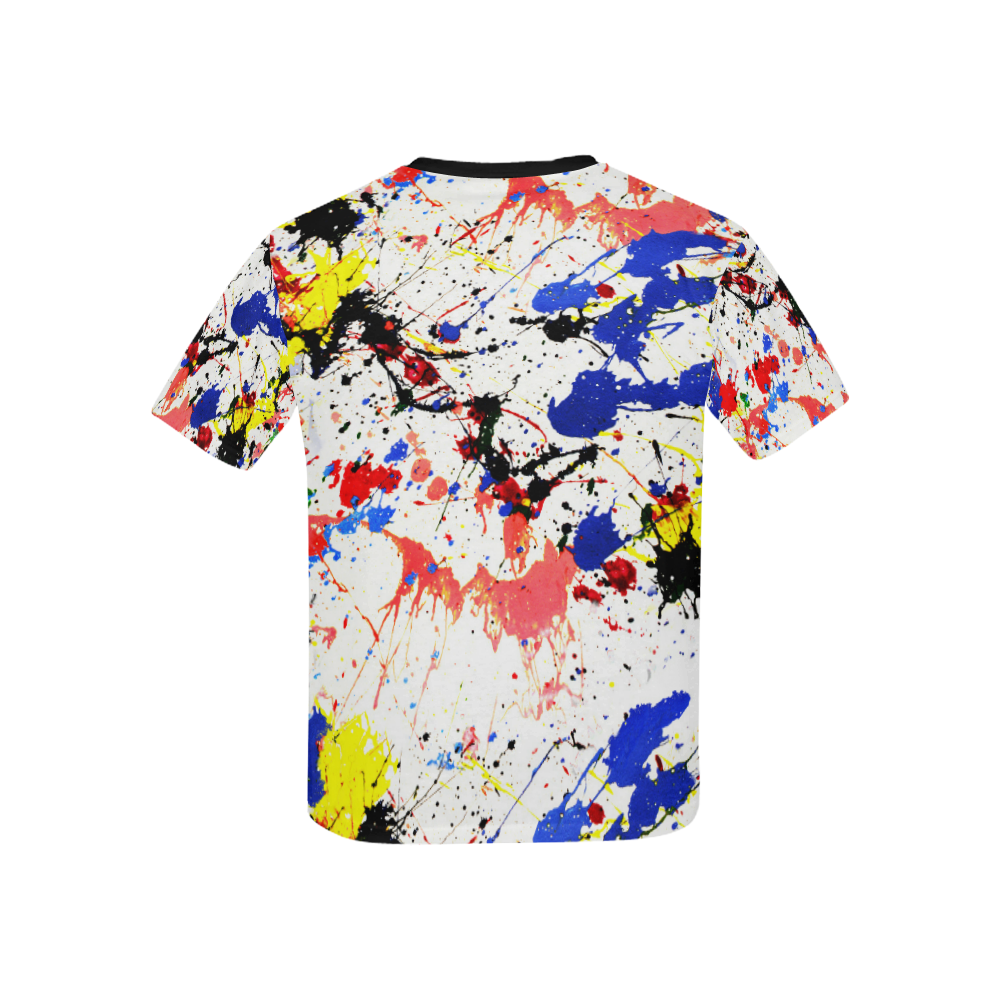 Blue and Red Paint Splatter (Black Trim) Kids' All Over Print T-Shirt with Solid Color Neck (Model T40)