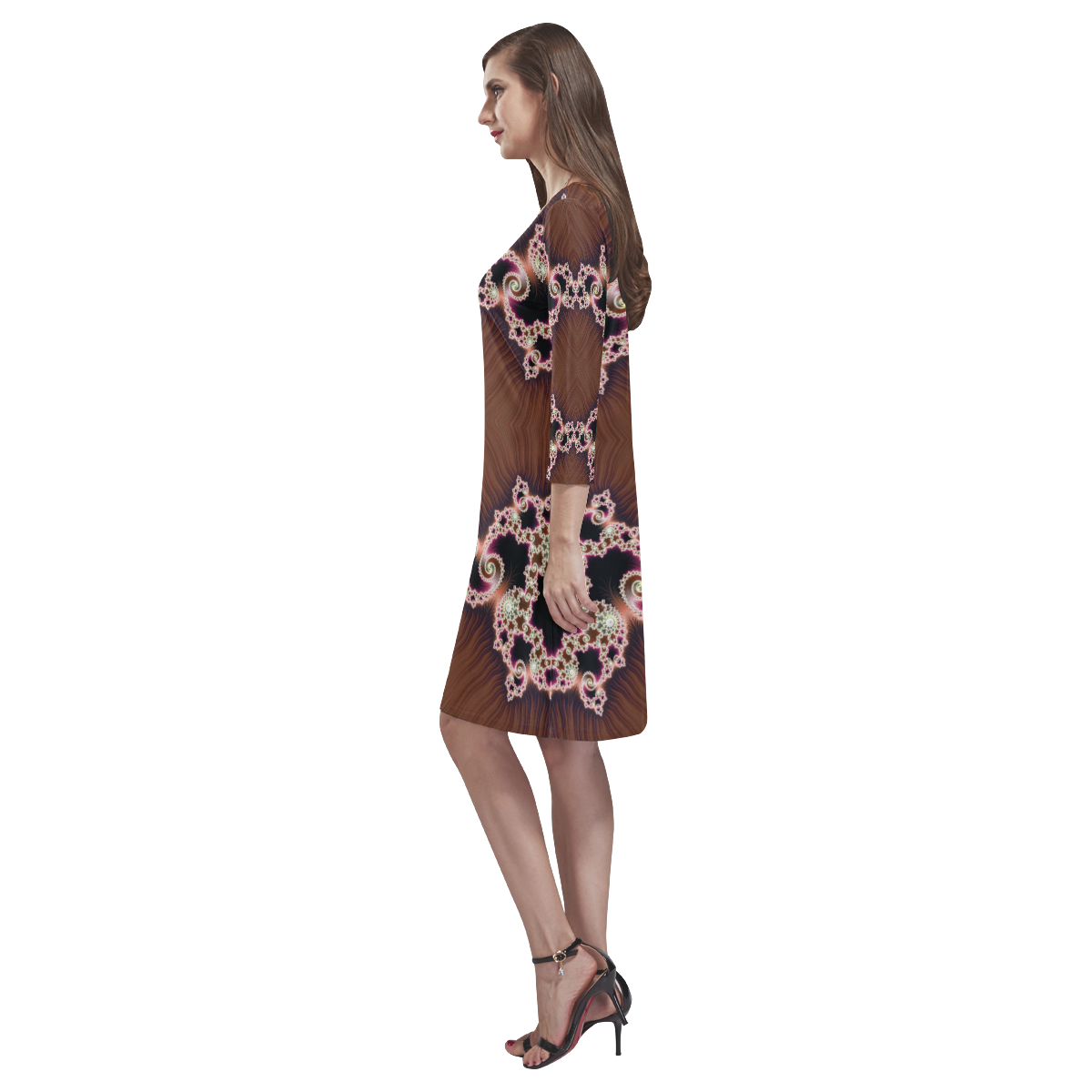 Copper and Pink Hearts Lace Fractal Abstract Rhea Loose Round Neck Dress(Model D22)