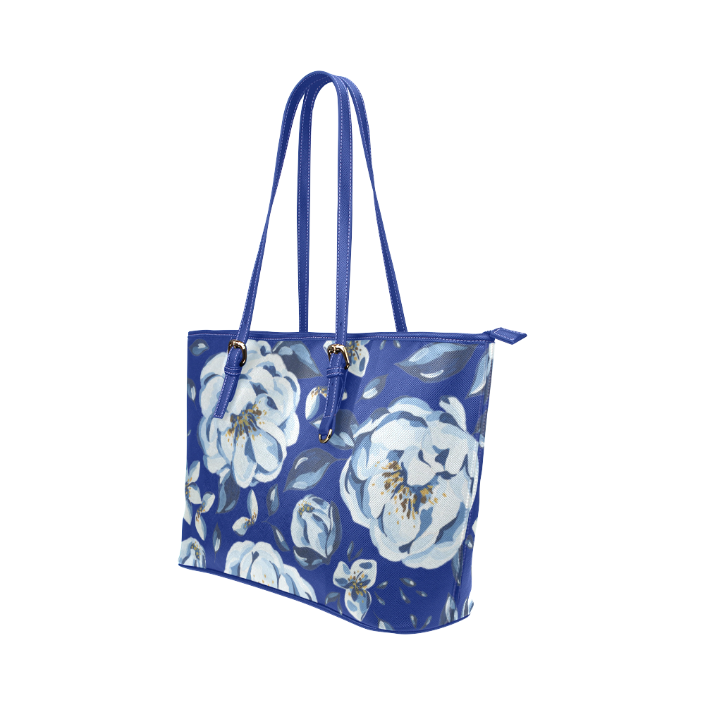 Blue Full Bloom  Blue Tote Purse Bag Leather Tote Bag/Small (Model 1651)