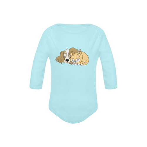 Napping Dog And Kitten Blue Baby Powder Organic Long Sleeve One Piece (Model T27)