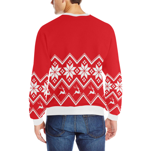 Christmas Reindeer Snowflake Red Men's Rib Cuff Crew Neck Sweatshirt (Model H34)