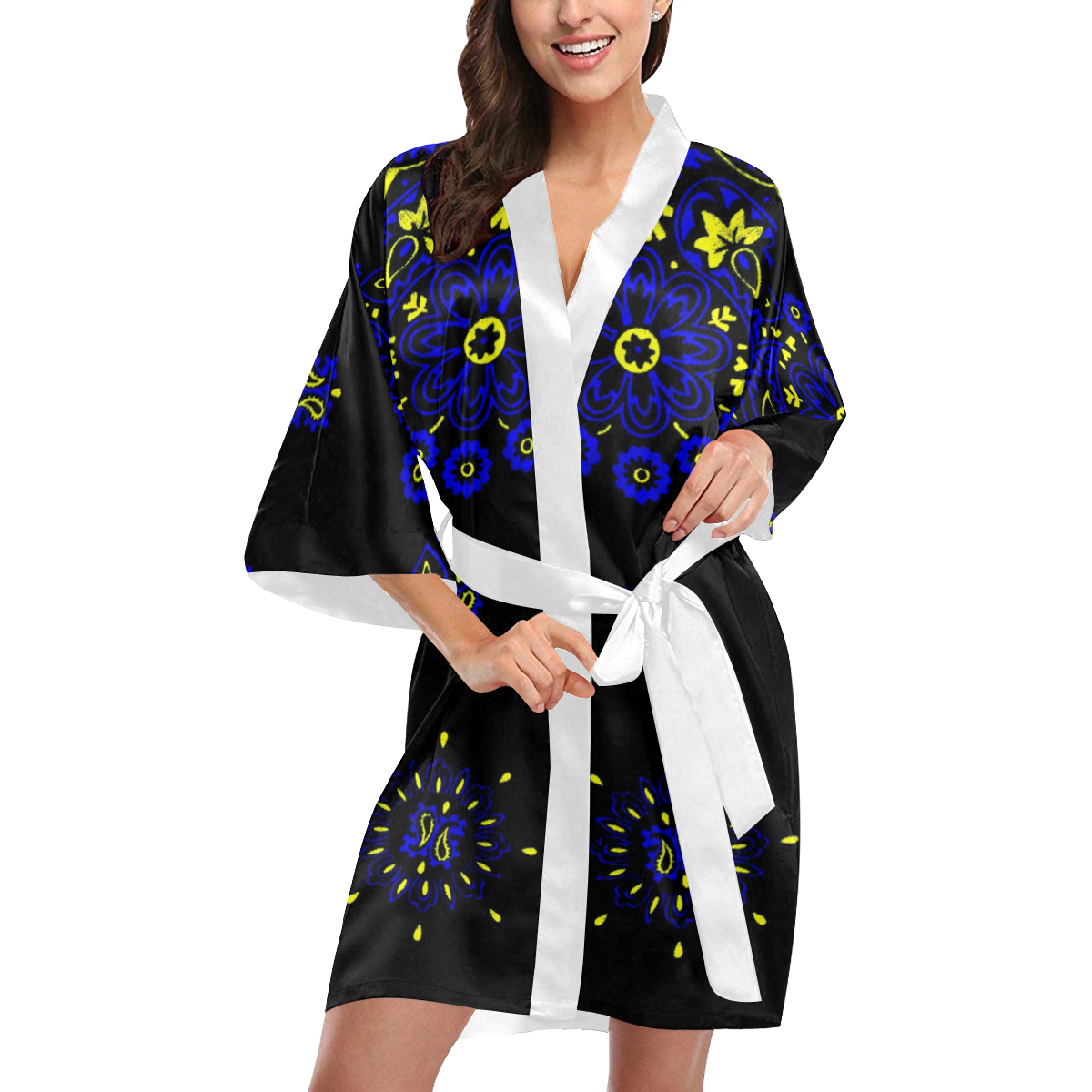 blue yellow bandana version 3 Kimono Robe