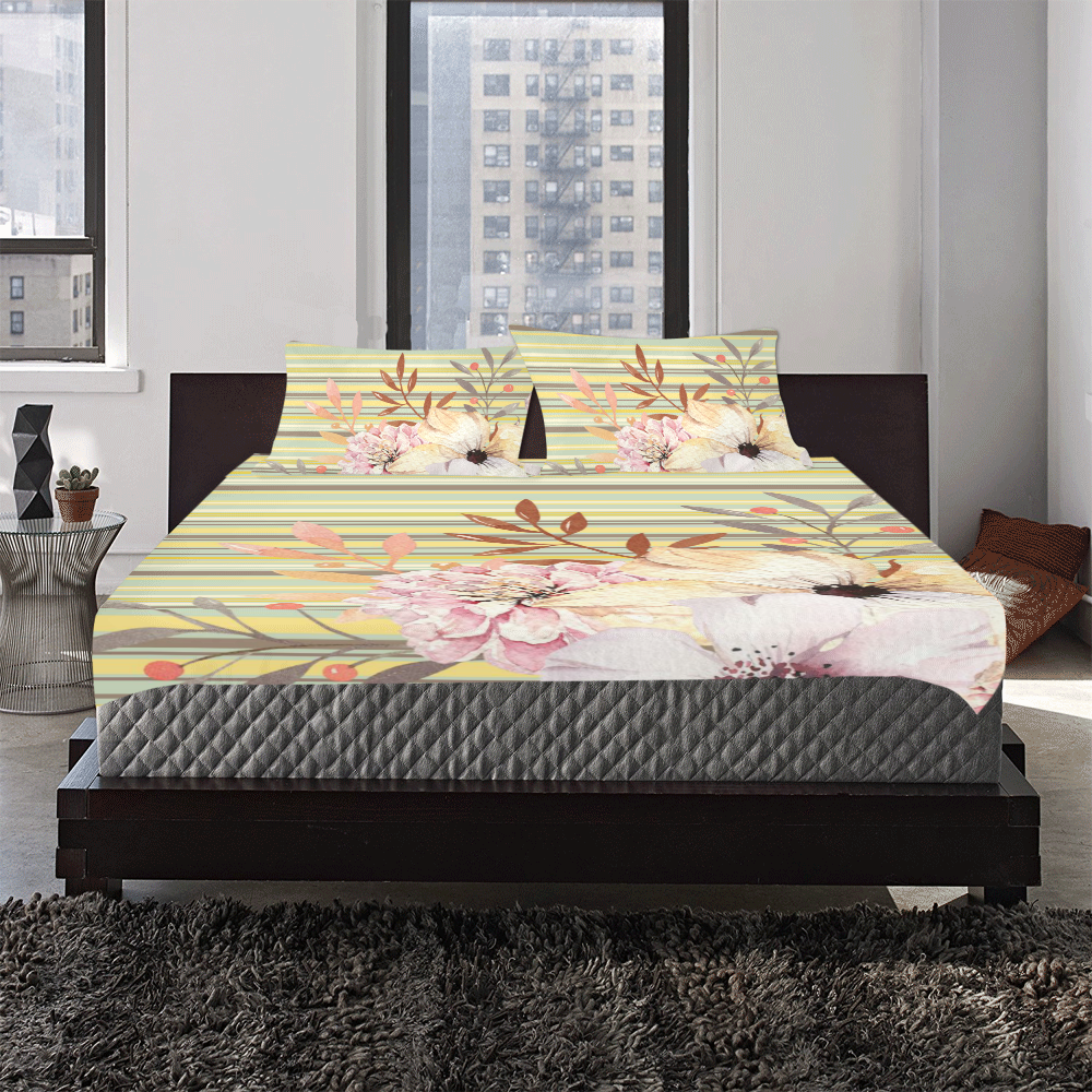 Spring Flowers on Stripes 3-Piece Bedding Set