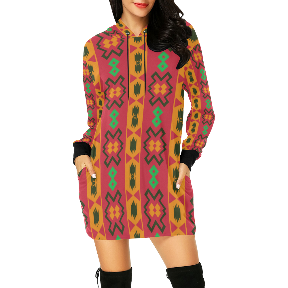 Tribal shapes in retro colors (2) All Over Print Hoodie Mini Dress (Model H27)