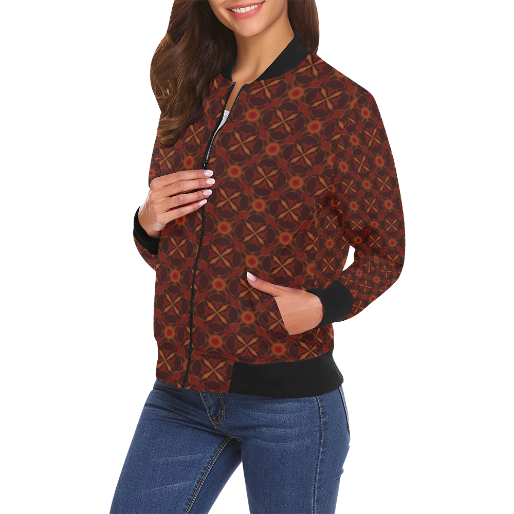 Brown Geometric Pattern All Over Print Bomber Jacket for Women (Model H19)