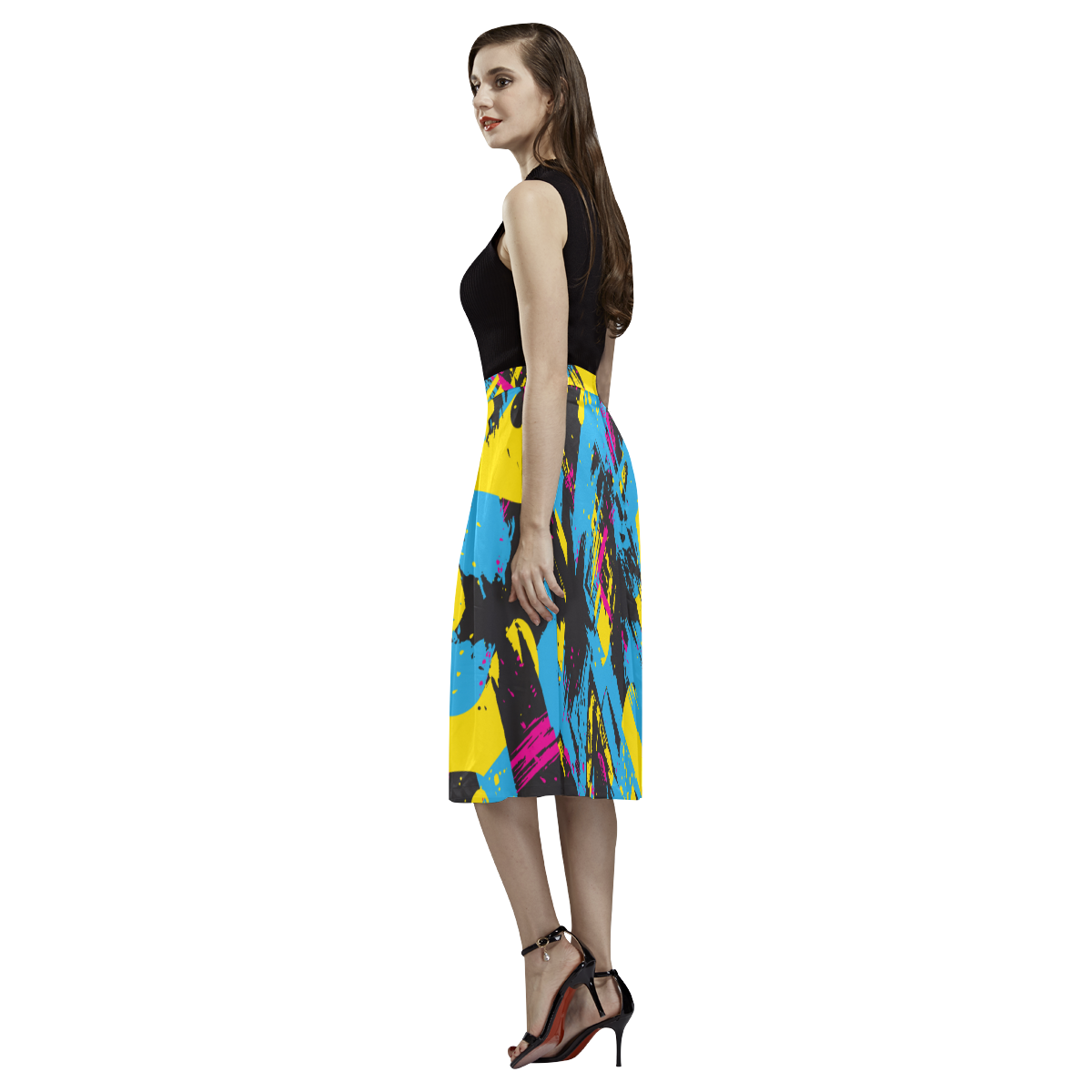 Colorful paint stokes on a black background Aoede Crepe Skirt (Model D16)
