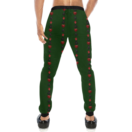 Las Vegas  Black and Red Casino Poker Card Shapes on Green Men's All Over Print Sweatpants (Model L11)
