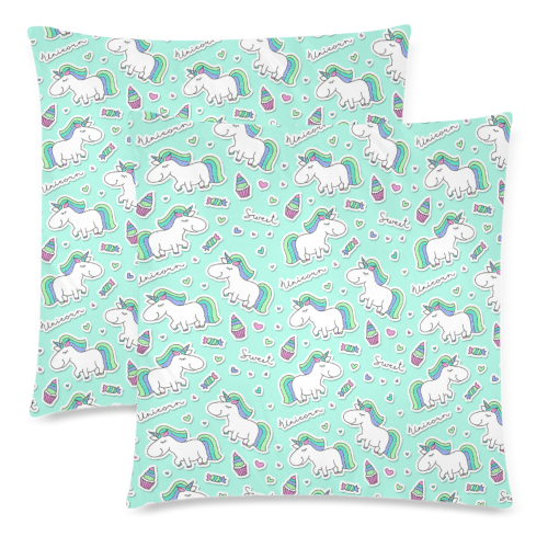 Cute Blue Unicorn Custom Zippered Pillow Cases 18"x 18" (Twin Sides) (Set of 2)