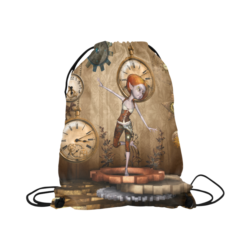 Steampunk girl, clocks and gears Large Drawstring Bag Model 1604 (Twin Sides)  16.5"(W) * 19.3"(H)