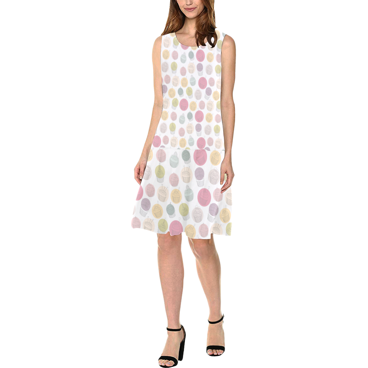Colorful Cupcakes Sleeveless Splicing Shift Dress(Model D17)