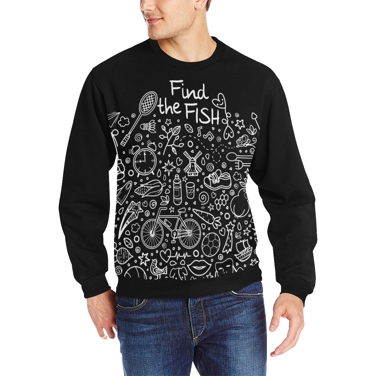 Picture Search Riddle - Find The Fish 2 Men's Rib Cuff Crew Neck Sweatshirt (Model H34)