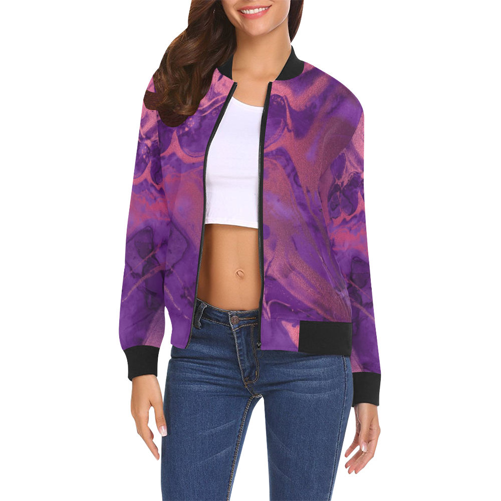 FD's Purple Marble Collection- Women's Purple Marble Bomer Jacket 53086 All Over Print Bomber Jacket for Women (Model H19)