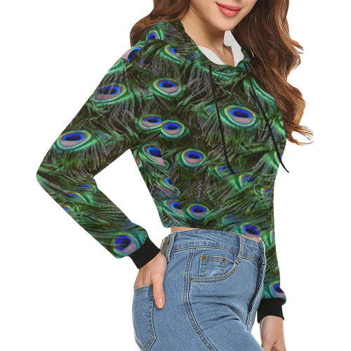 Peacock Feathers All Over Print Crop Hoodie for Women (Model H22)