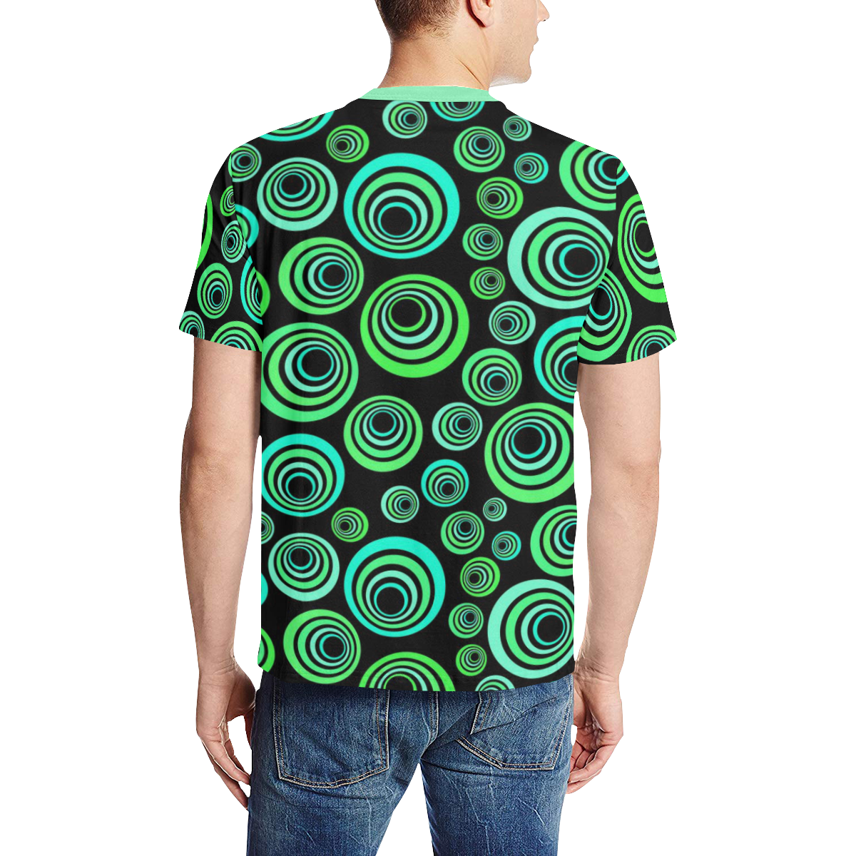 Crazy Fun Neon Blue & Green retro pattern Men's All Over Print T-Shirt (Solid Color Neck) (Model T63)