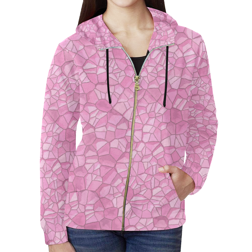 Pink Crystals All Over Print Full Zip Hoodie for Women (Model H14)