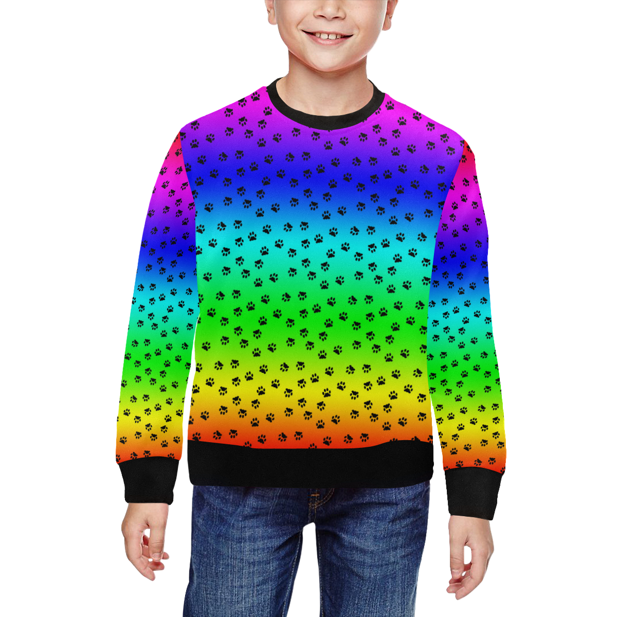 rainbow with black paws All Over Print Crewneck Sweatshirt for Kids (Model H29)