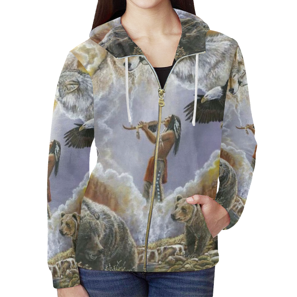 One With Nature Peace Pipe All Over Print Full Zip Hoodie for Women (Model H14)