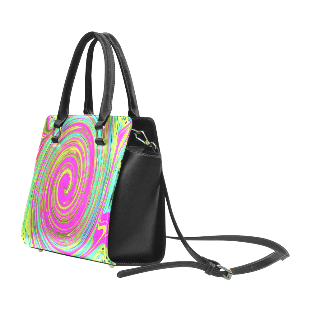 Groovy Abstract Pink Swirl Rivet Shoulder Handbag (Model 1645)