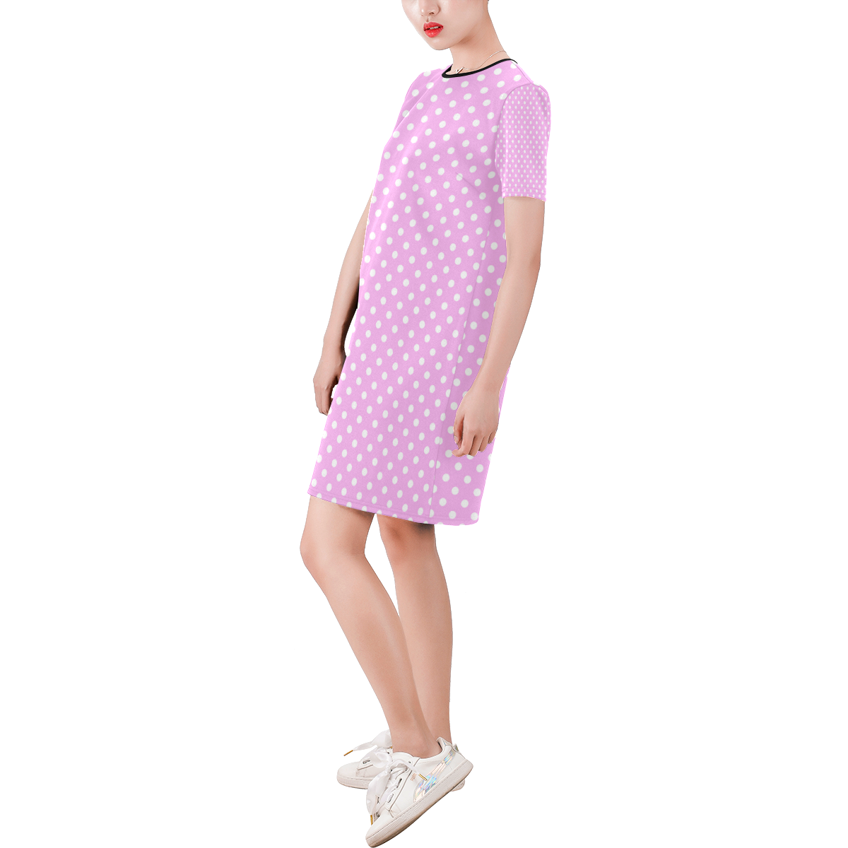 Polka-dot pattern Short-Sleeve Round Neck A-Line Dress (Model D47)