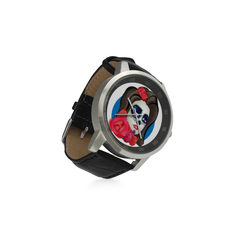 Hand Drawn Day of the Dead Unisex Stainless Steel Leather Strap Watch(Model 202)