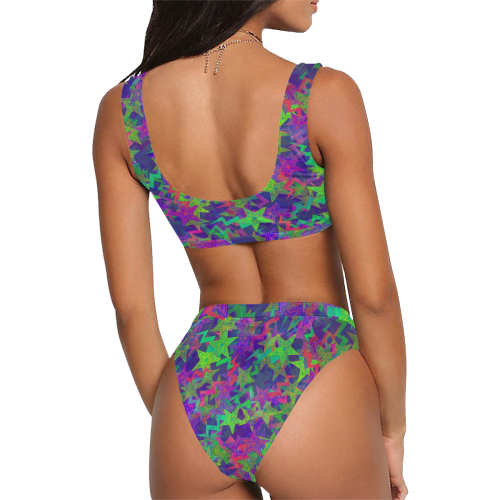 Purple Shooting Stars Sport Top & High-Waisted Bikini Swimsuit (Model S07)