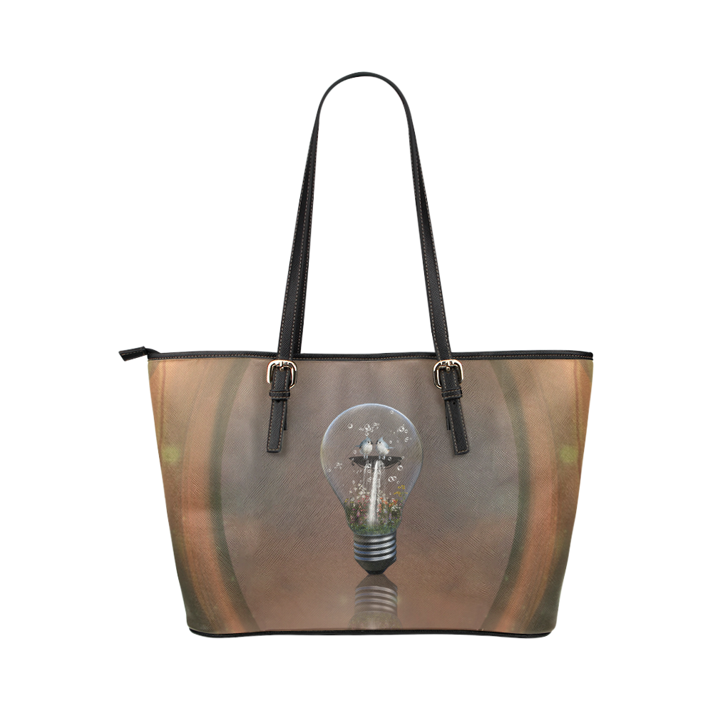 Light bulb with birds Leather Tote Bag/Small (Model 1651)