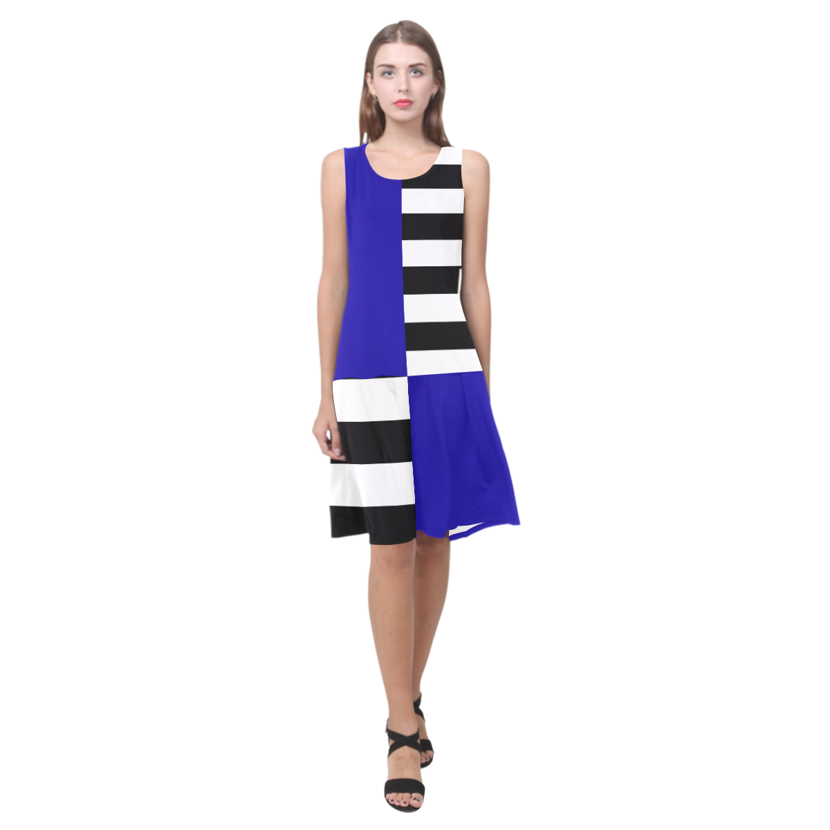 Blue and Stripes Mixed Print Sleeveless Splicing Shift Dress(Model D17)