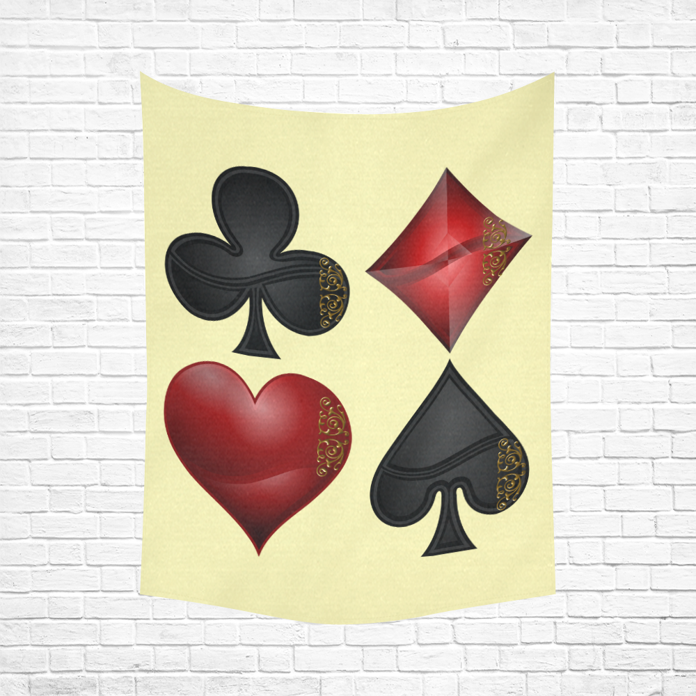 Las Vegas Black and Red Casino Poker Card Shapes on Yellow Cotton Linen Wall Tapestry 60"x 80"