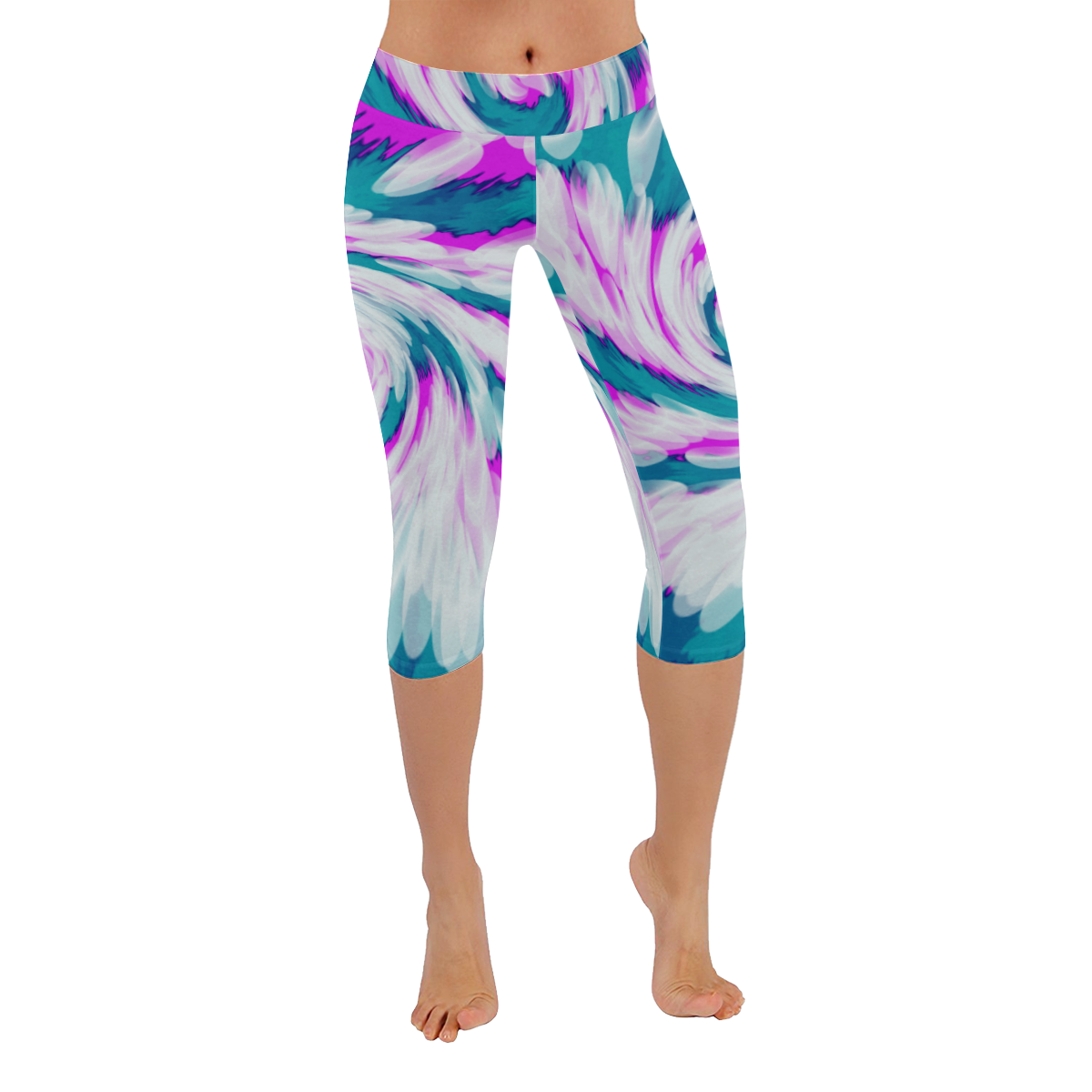 Turquoise Pink Tie Dye Swirl Abstract Women's Low Rise Capri Leggings (Invisible Stitch) (Model L08)