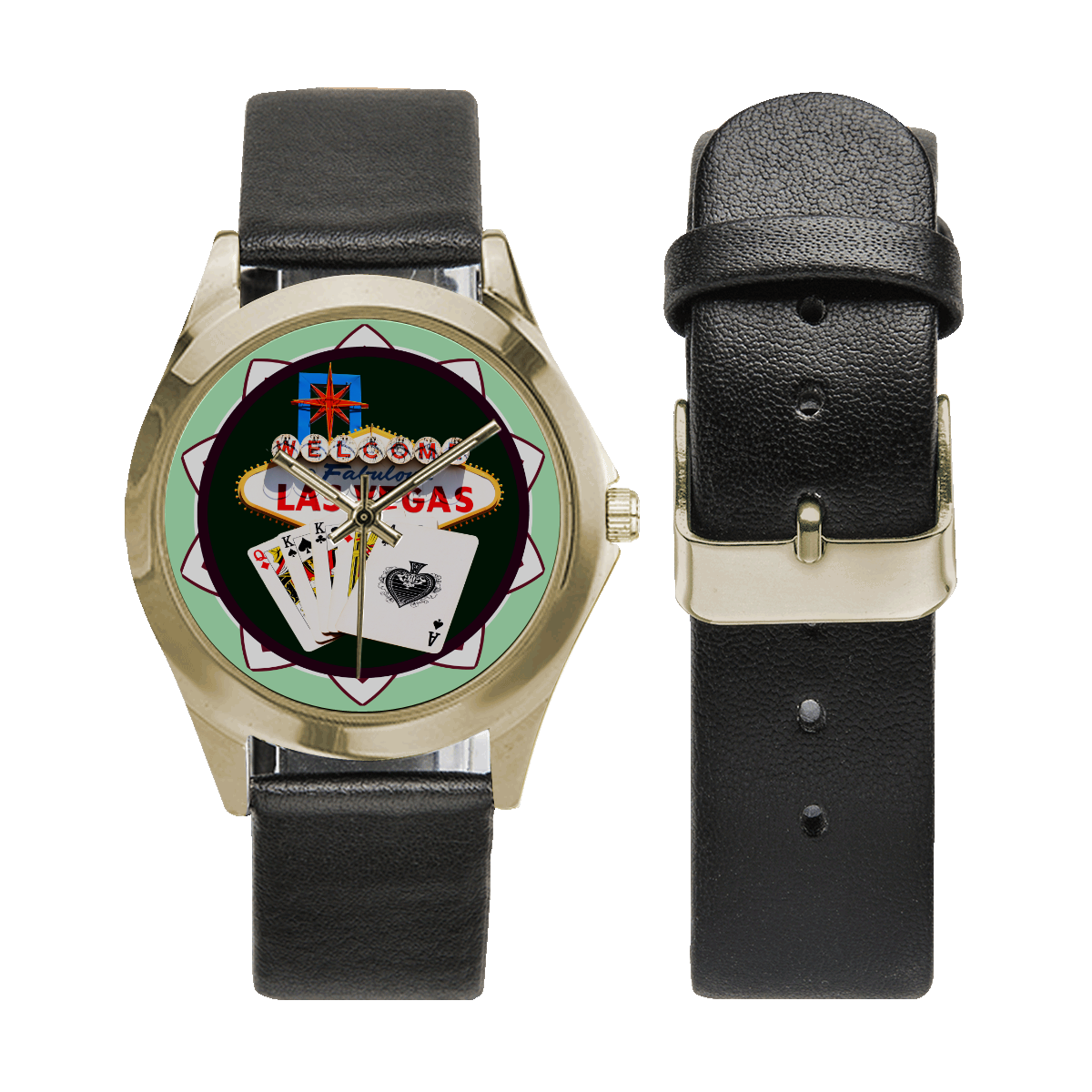 LasVegasIcons Poker Chip - Poker Hand Unisex Silver-Tone Round Leather Watch (Model 216)