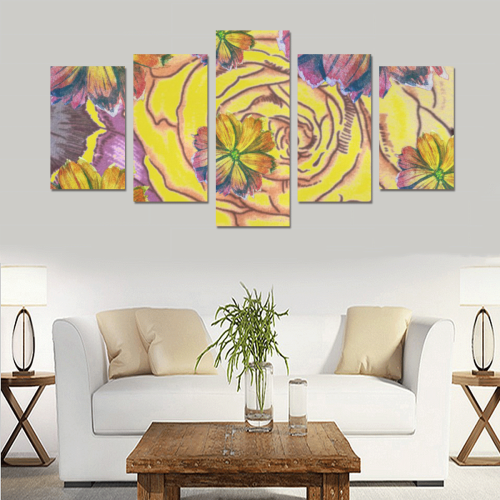 Watercolor Flowers Yellow Purple Green Canvas Print Sets C (No Frame)