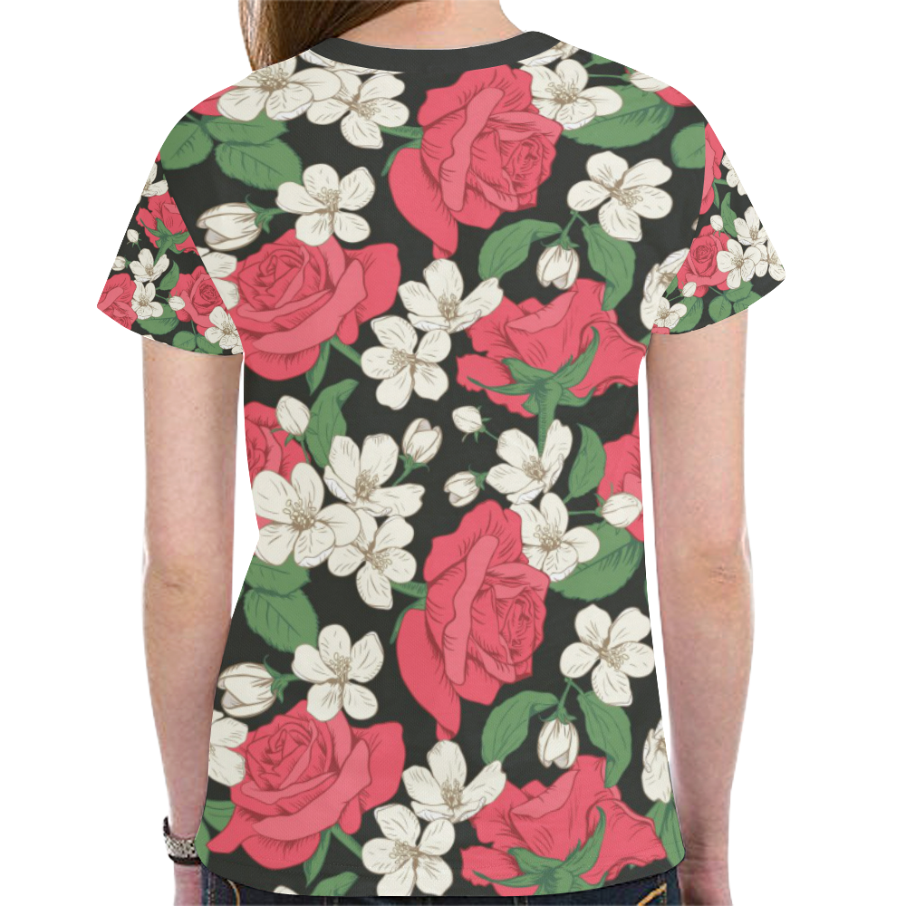 Pink, White and Black Floral New All Over Print T-shirt for Women (Model T45)