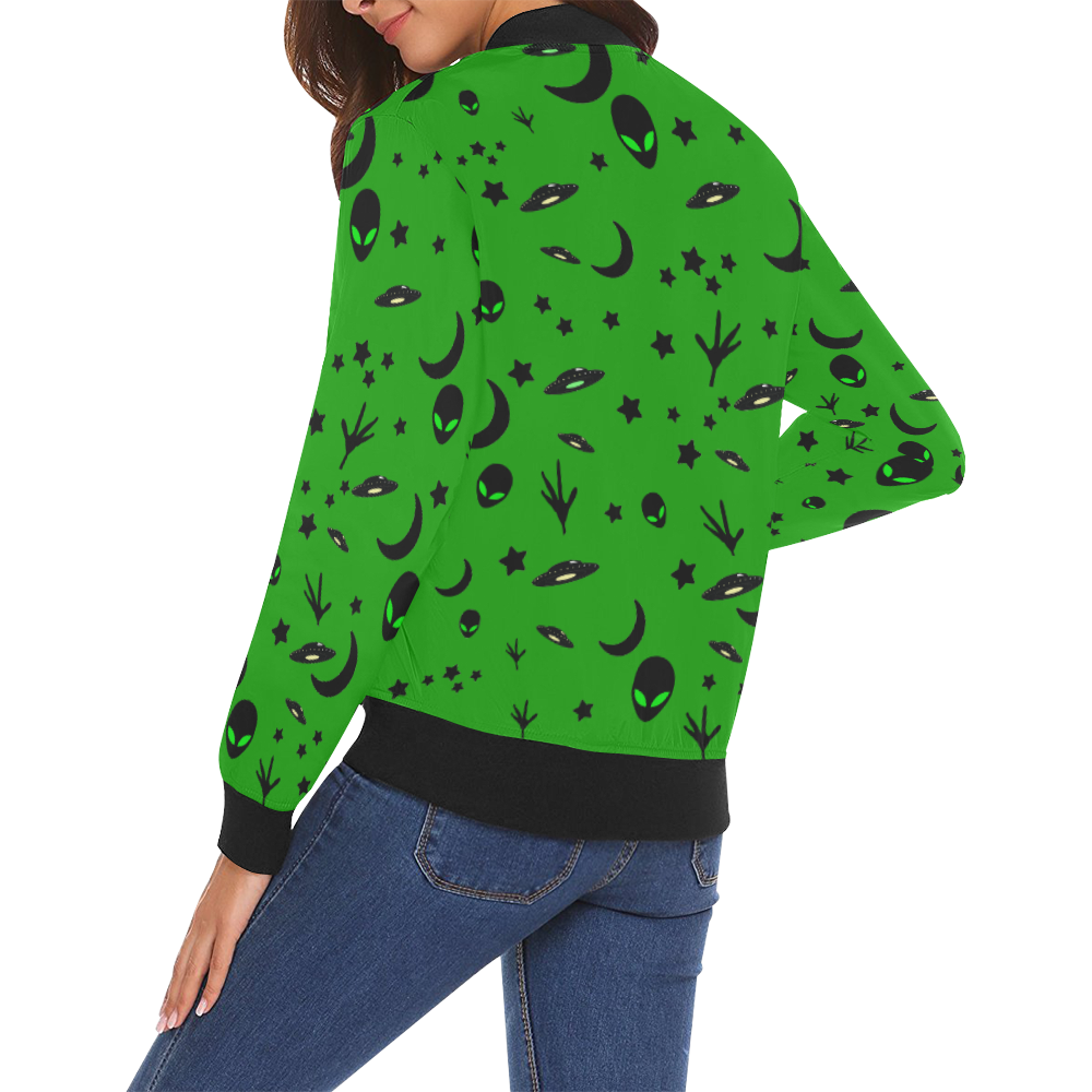 Alien Flying Saucers Stars Pattern on Green All Over Print Bomber Jacket for Women (Model H19)